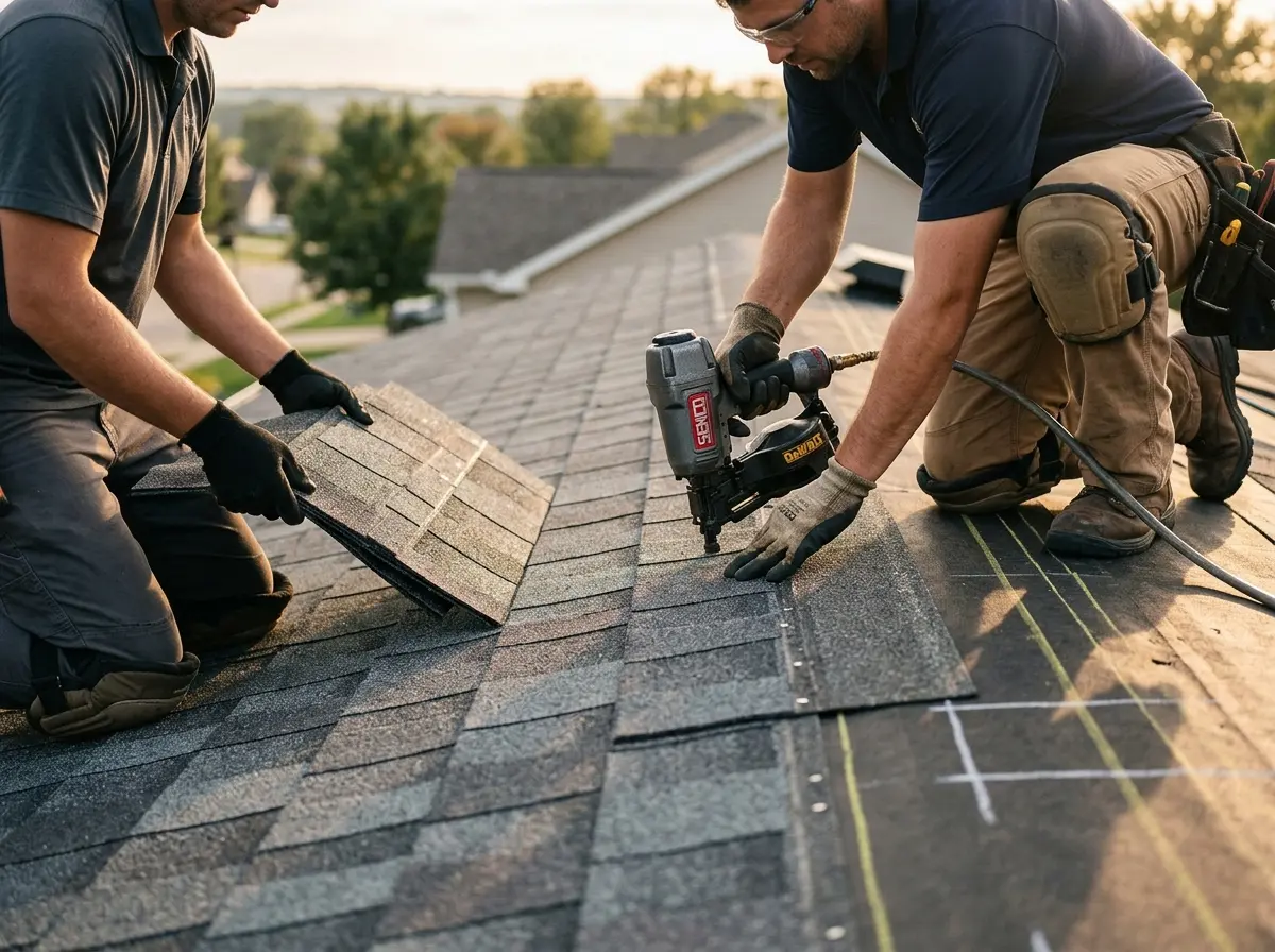 Professional roofer working on a residential roof in The Crossings